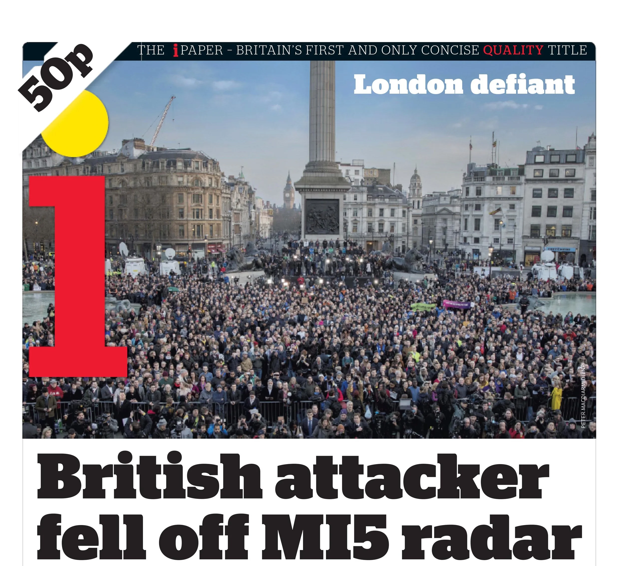 The i - People gather for a vigil in Trafalgar Square the day after the Westminster terror attack. March 24, 2017.