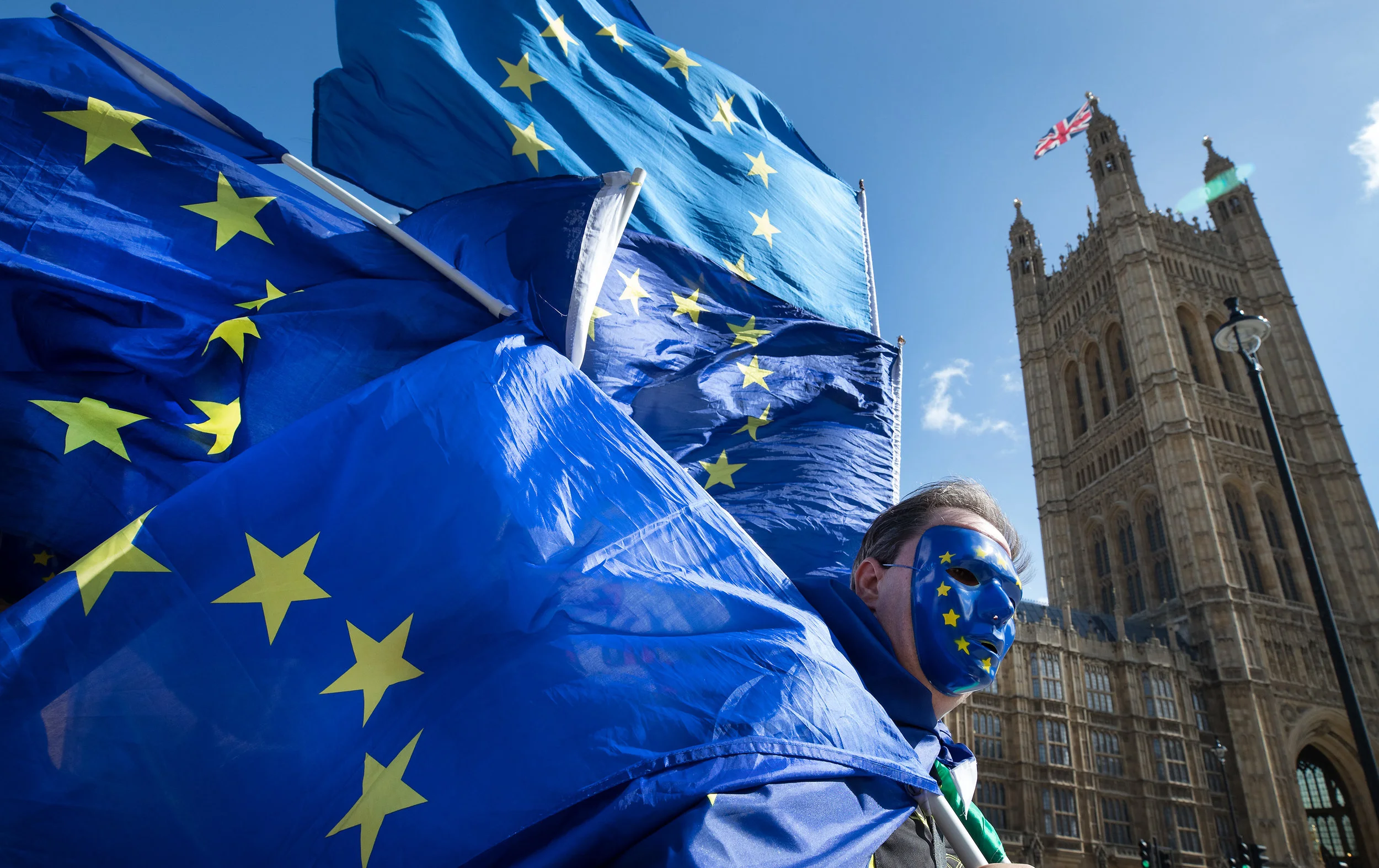 Pro-EU supporters gather outside Parliament ahead of the debate and vote on the European Union Repeal bill on September 11, 2017.