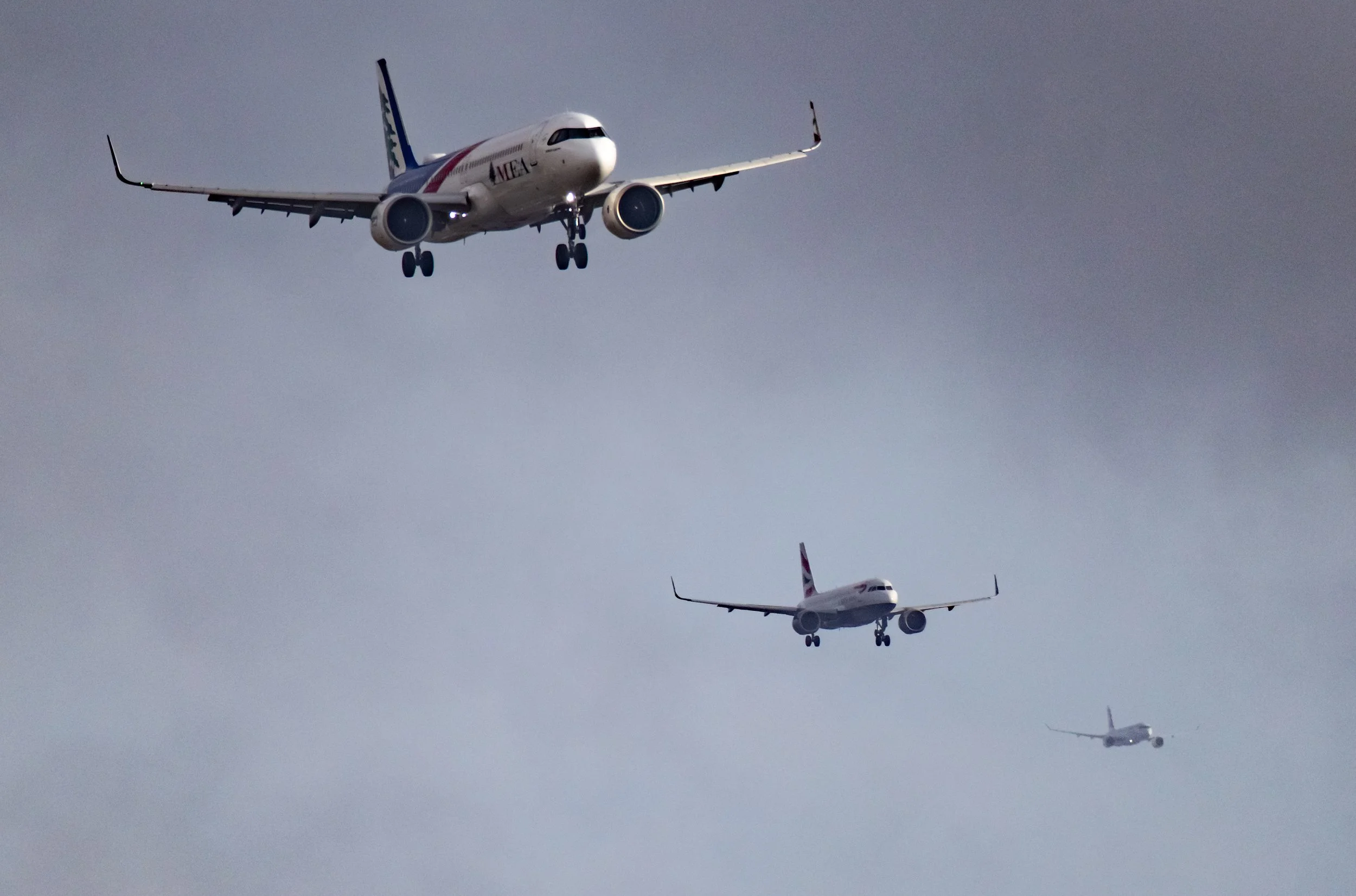 Aircraft appear to line up as they approach London Heathrow Airport. Chancellor Rachel Reeves has indicated her support for a third runway at Heathrow on January  27, 2025.