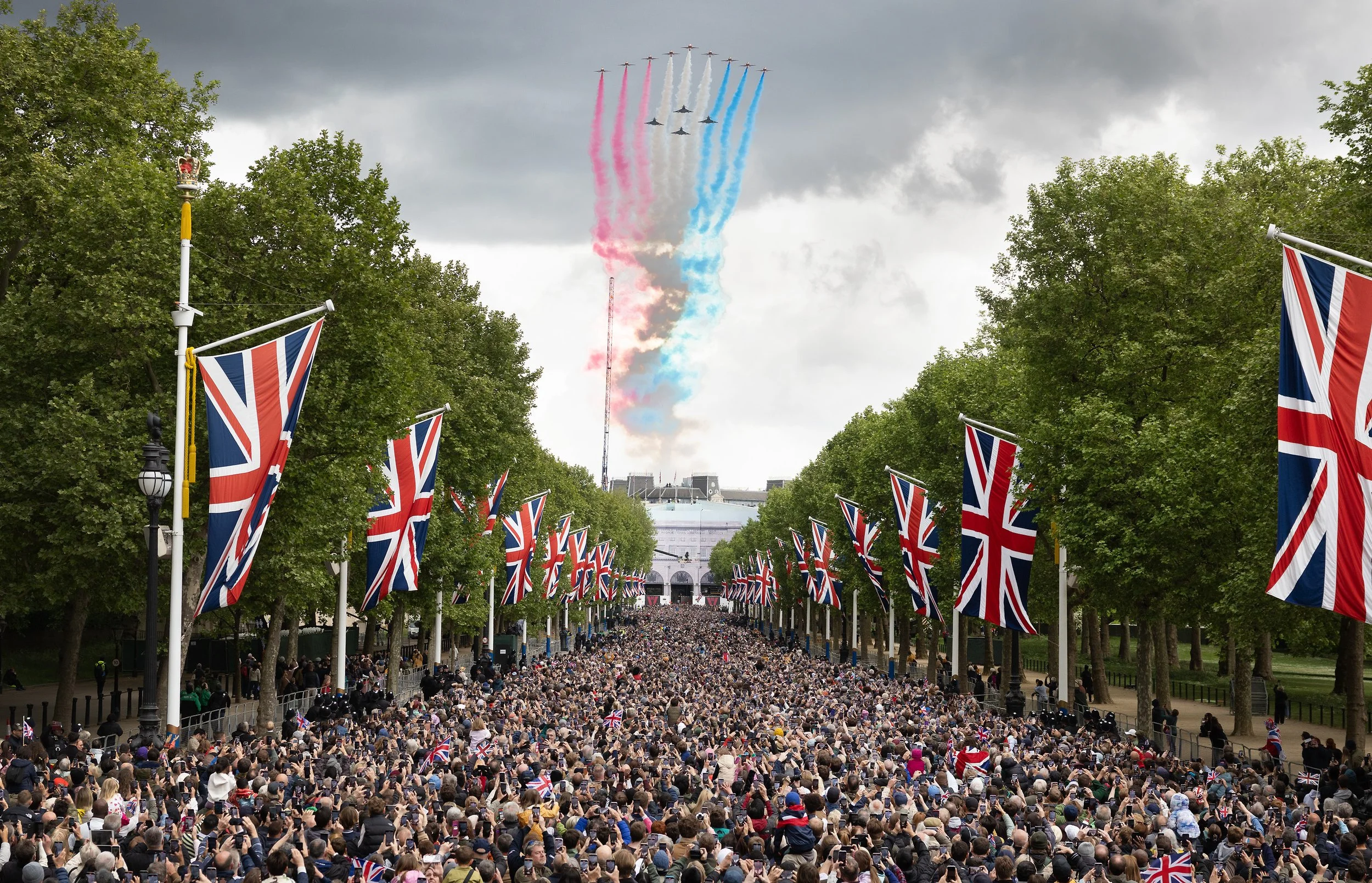 The RAF Red Arrows are joined by F-35B Lightning fighters over The Mall for the VE Day flypast in Central London - as the 80th Anniversary of Victory in Europe is commemorated on May 5, 2025.