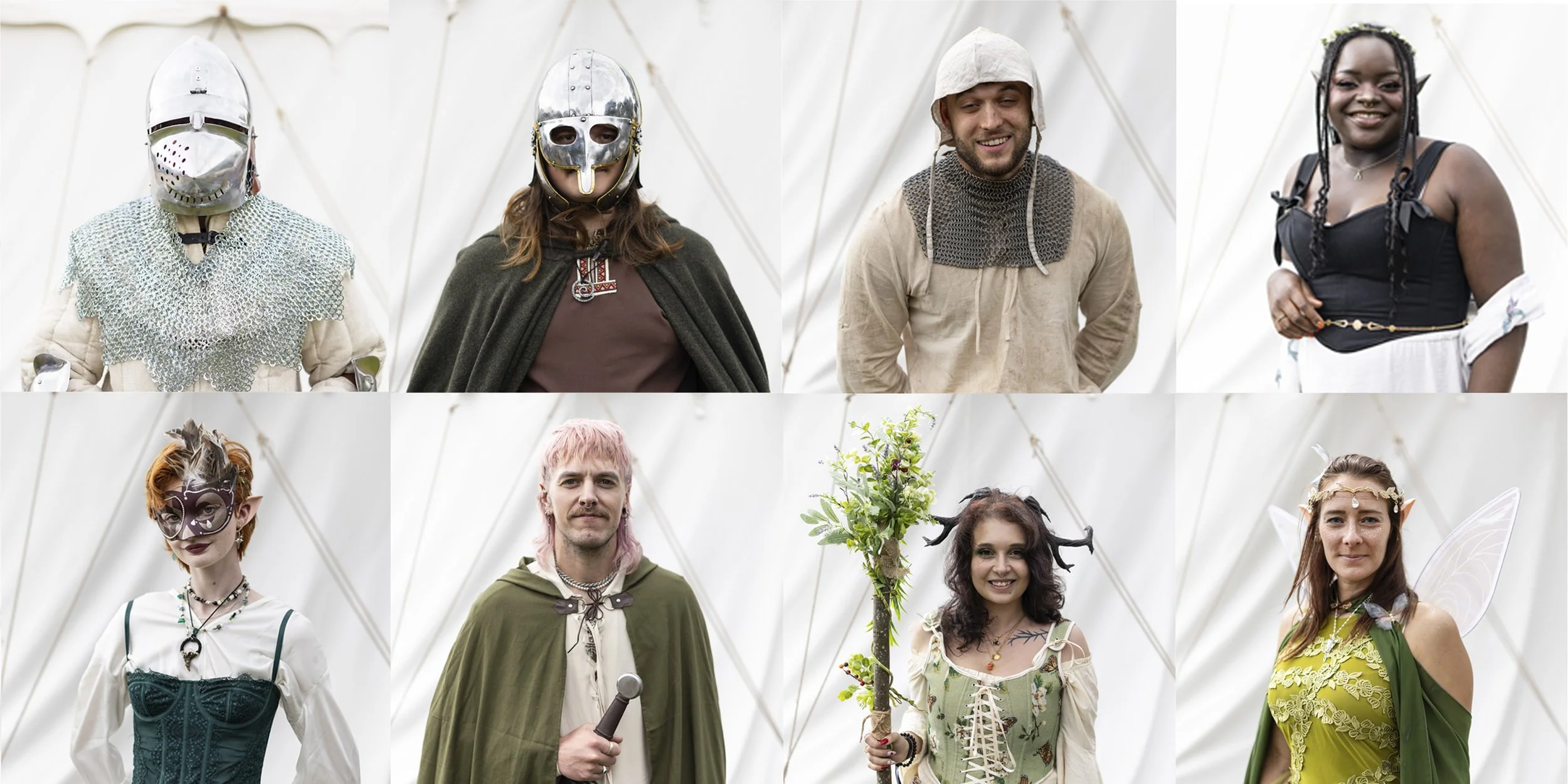 In this combined image visitors to the Loxwood Joust in West Sussex wear costumes. Hundreds of visitors are enjoying a festival of the world of knights, royalty, and epic tales on August 2, 2025.