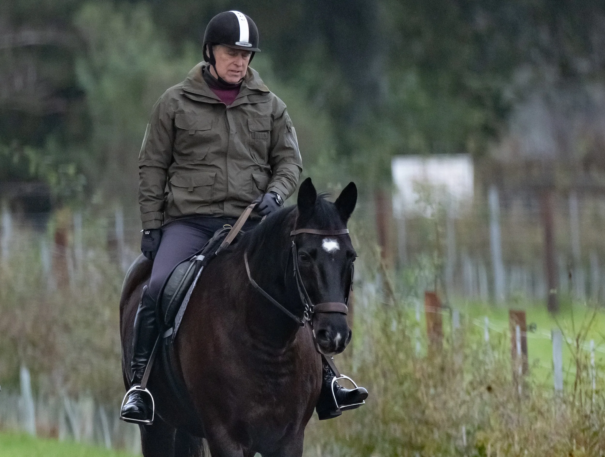 Andrew Mountbatten-Windsor rides his horse near Windsor Castle in Berkshire after having all his titles removed by King Charles III on November 24, 2025.