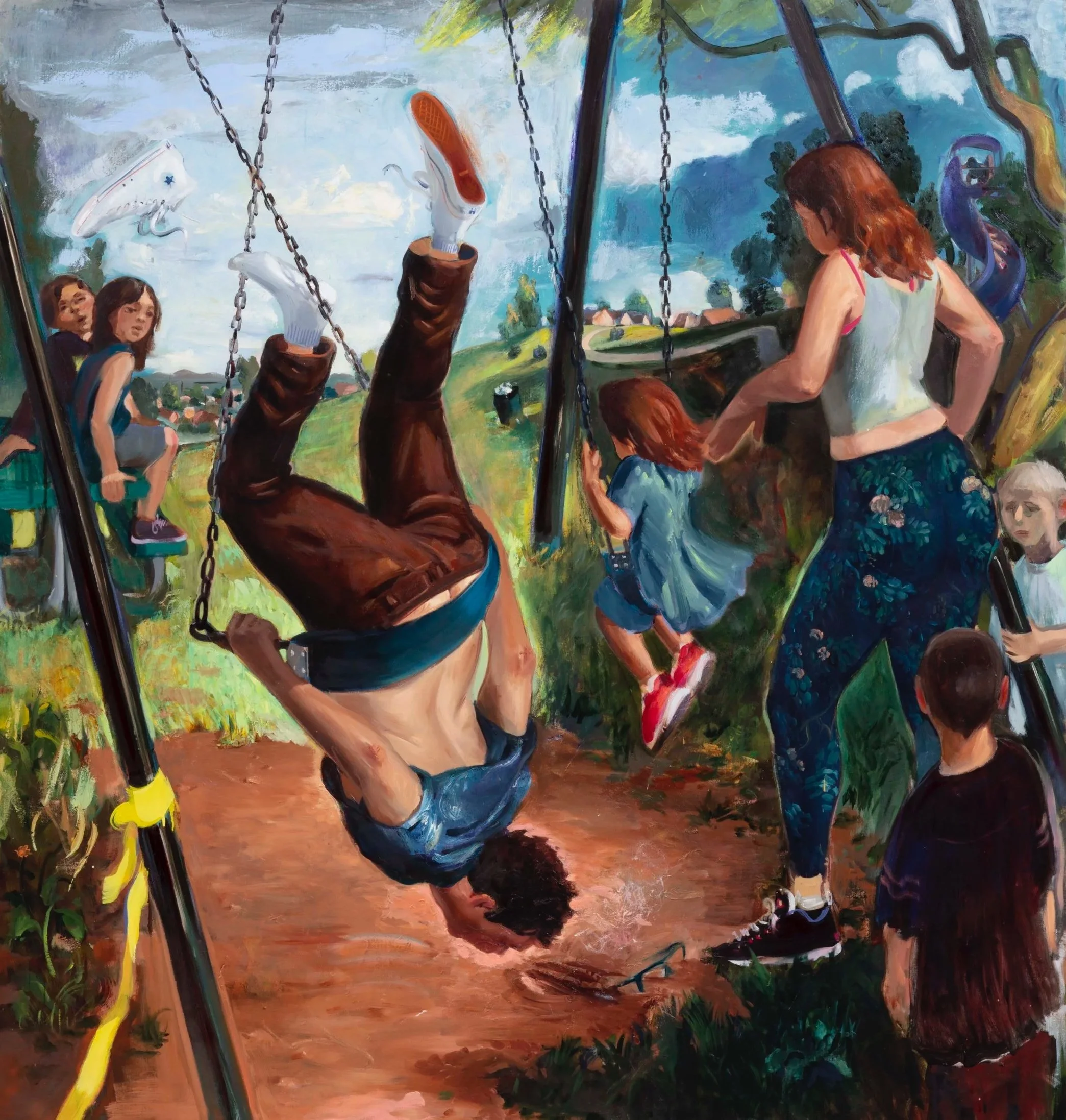 "Epic Swing Fail", 2021, oil on linen, 76 x 72 in. 