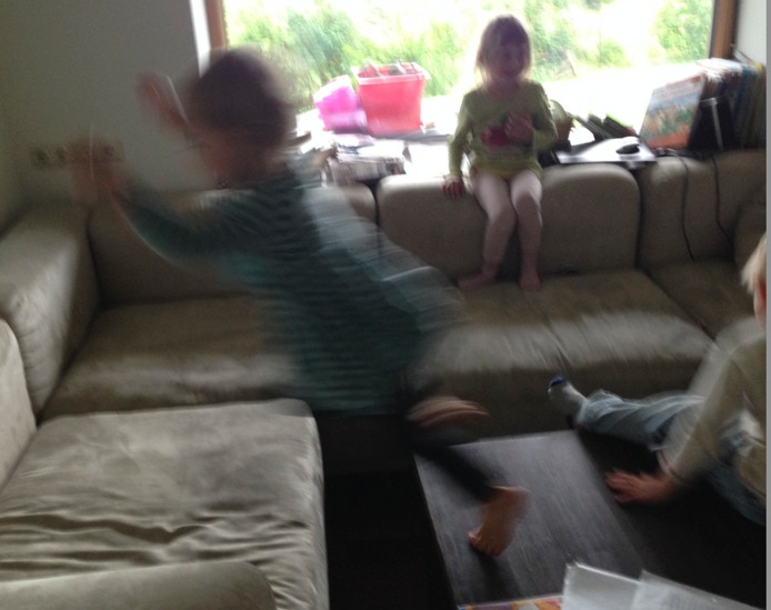 The little ones turned George and Maria's living room into an indoor playground.