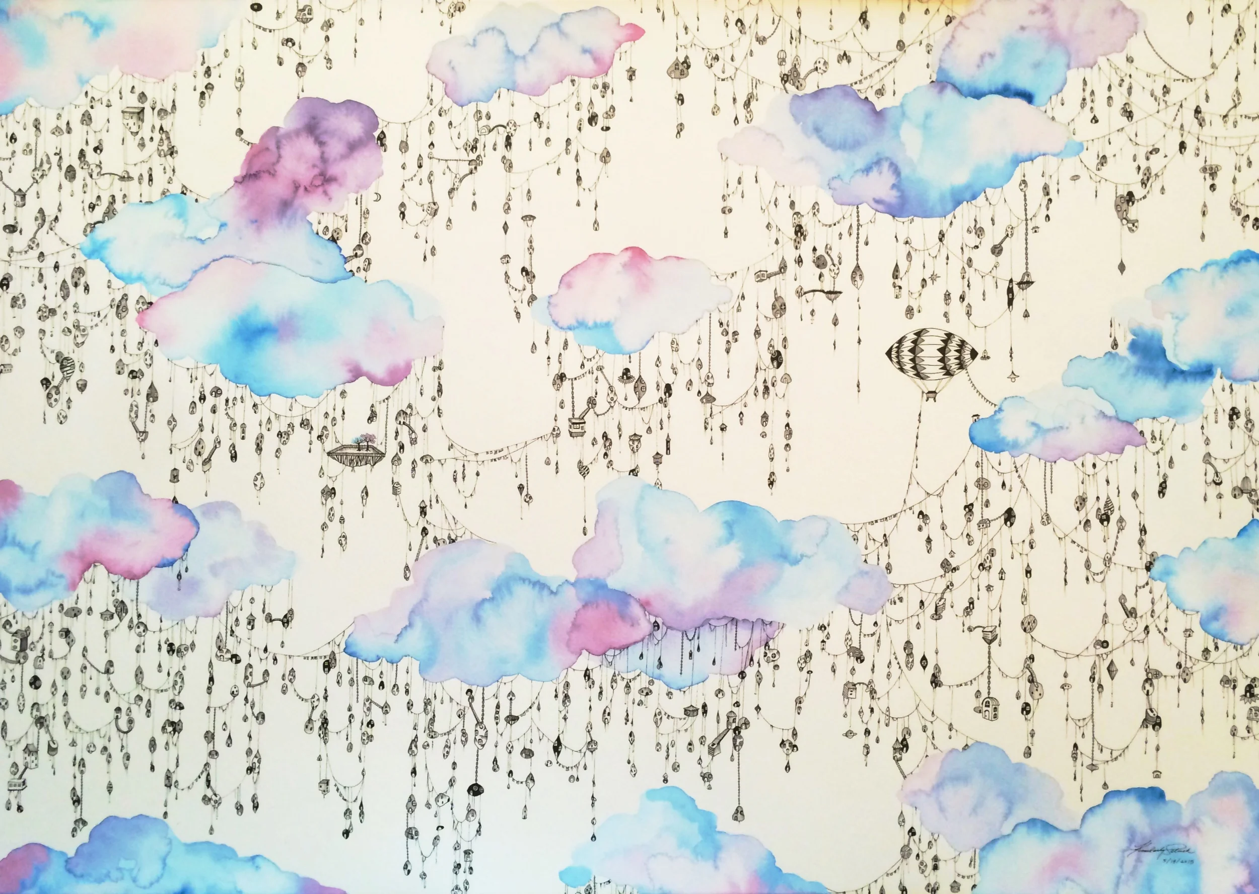 Community: City in the Clouds, 2015. Watercolor and Ink on Watercolor board, 20 x 30 inches.