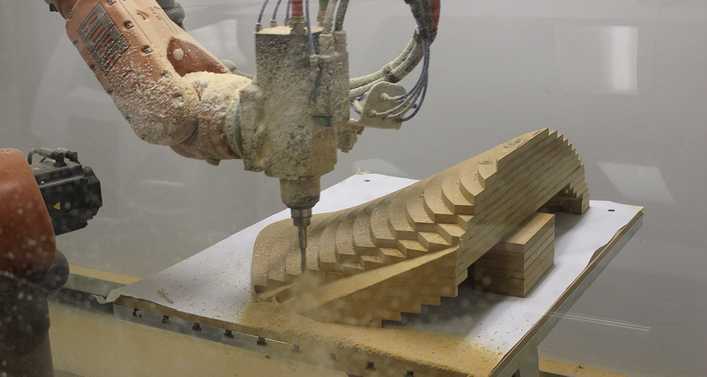 Parts of the timber mould was robotically milled from laminated 19mm sheets of MDF. This is one of 5 parts that make up the central double curvature part of the mould. Milled at RMIT.