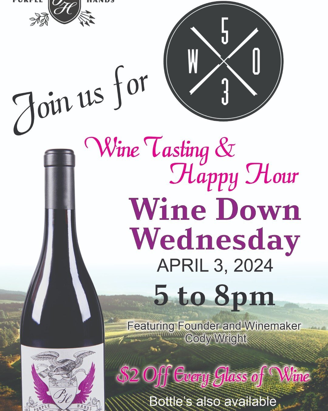 Join us this Wednesday (aka tomorrow!) for Wine Down Wednesday with Purple Hands Winery, featuring founder and winemaker Cody Wright! We'll have wine tasting and happy hour with $2 off wine glasses from 5PM to 8PM. We hope to see you there!