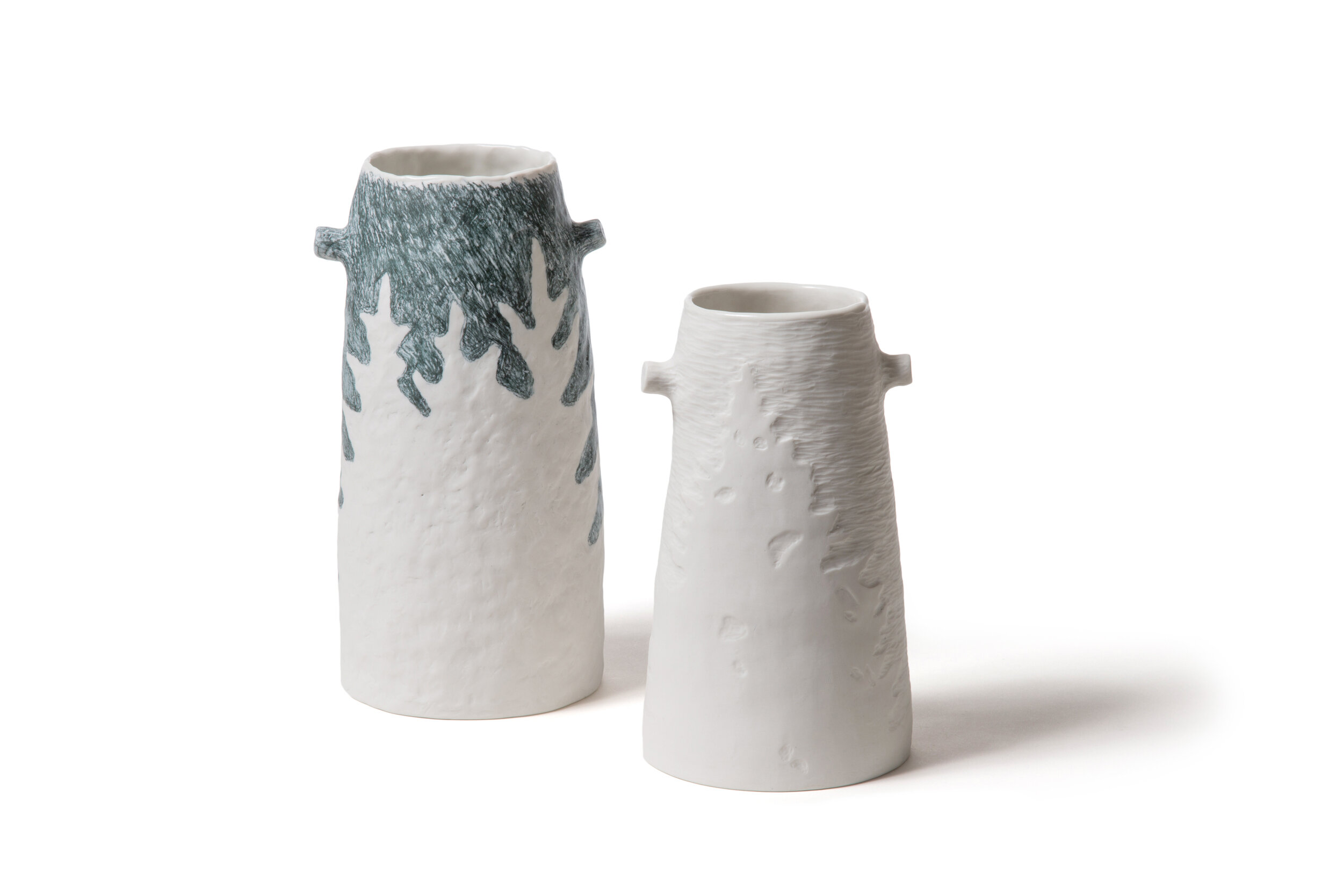  Forest ghost series Porcelain, pencil, glaze 28 h x 14 w x 14 d, 23 h x 14 w x 14cm d 