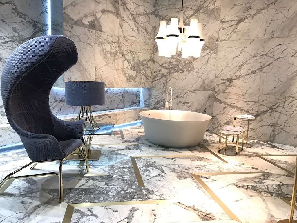 Antolini used three different natural stones: Invisible Blue, Invisible Grey and Calcite to create their Haute Nature exhibit at KBIS 2017 Photo: Lisa Stewart Photography