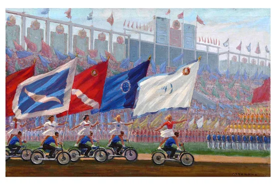 Parade in het Dinamostadion (deel van een vijfluik, waarvan het eerste in 1936 werd voltooid - ik weet niet welk deel van het vijfluik dit is).