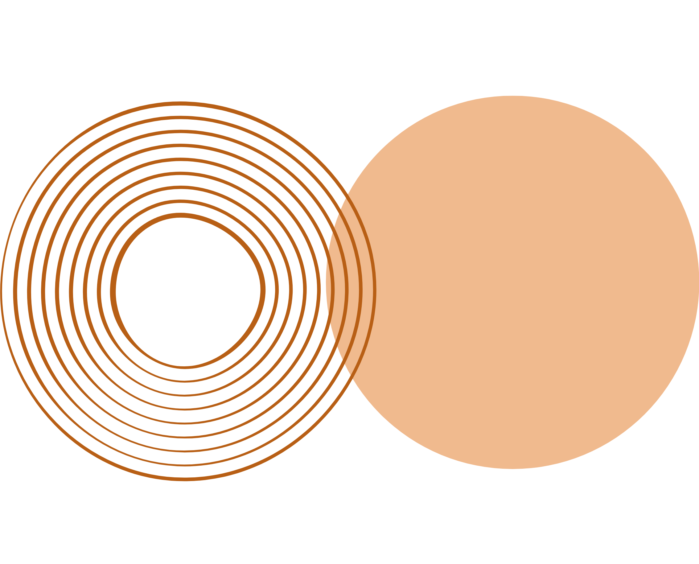 Black background with an orange concentric circle pattern on the left and a large solid beige circle on the right, partially overlapping.