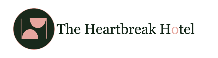 Logo for The Heartbreak Hotel with a pink and dark green heart-shaped graphic and hotel name text.