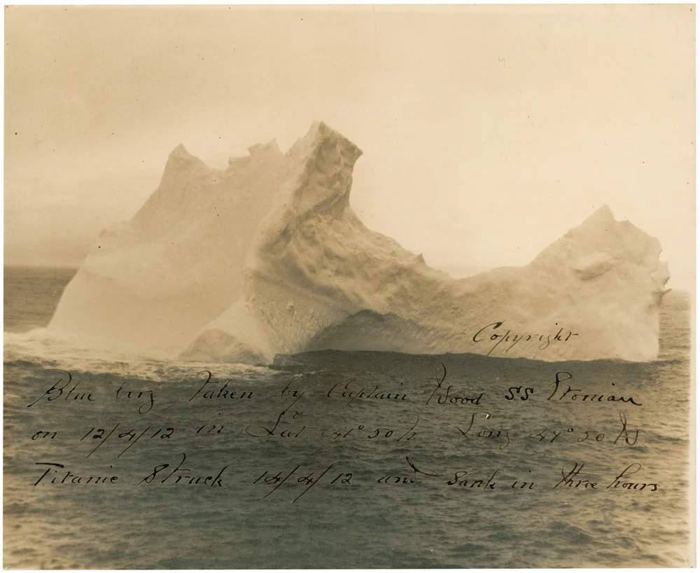 Though there aren't any known photos of the actual iceberg taken on the day of the collision, there is this photo, which sold in 2012 for $25,200. This places it 2-3 days floating time away from where the ship sank. The shape also matches sketches made by eyewitnesses who survived the tragedy, including the ship's lookout who first spotted ice on the horizon.