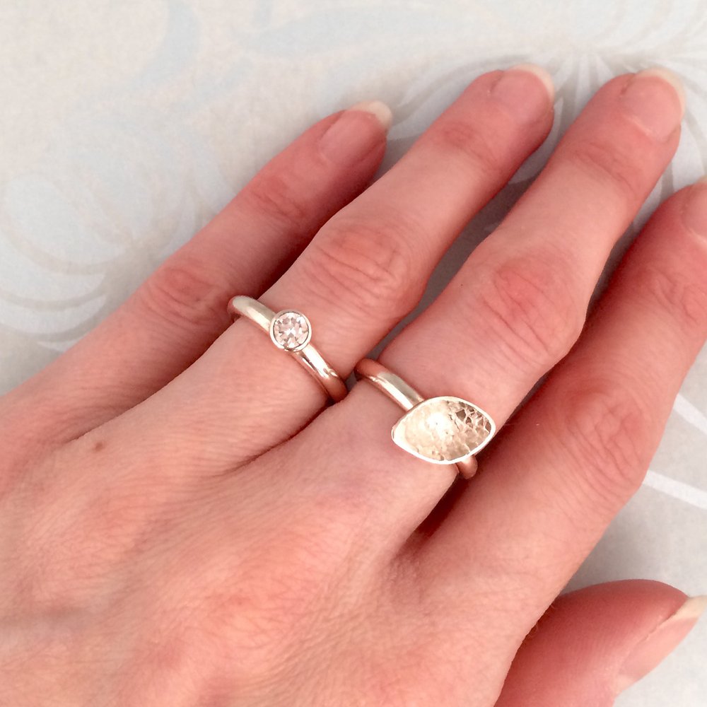 Leaf and cubic zirconia silver stacking ring pair made to order