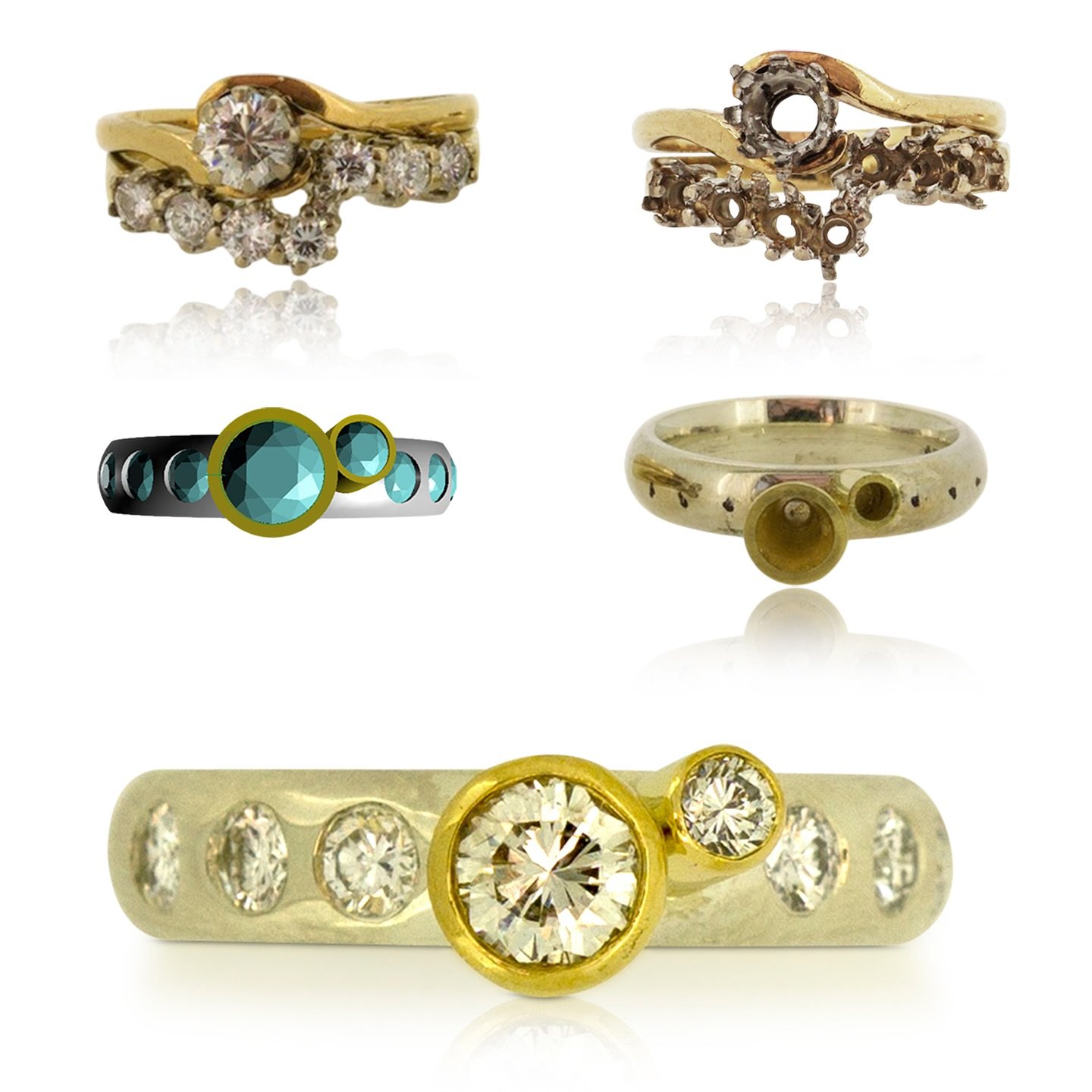 One of my early remodelling commissions was to celebrate a 30th wedding anniversary.
My customer wanted to combine the diamonds from her original wedding and engagement rings into a single, newly designed ring. Over time, the original 9 carat yellow 