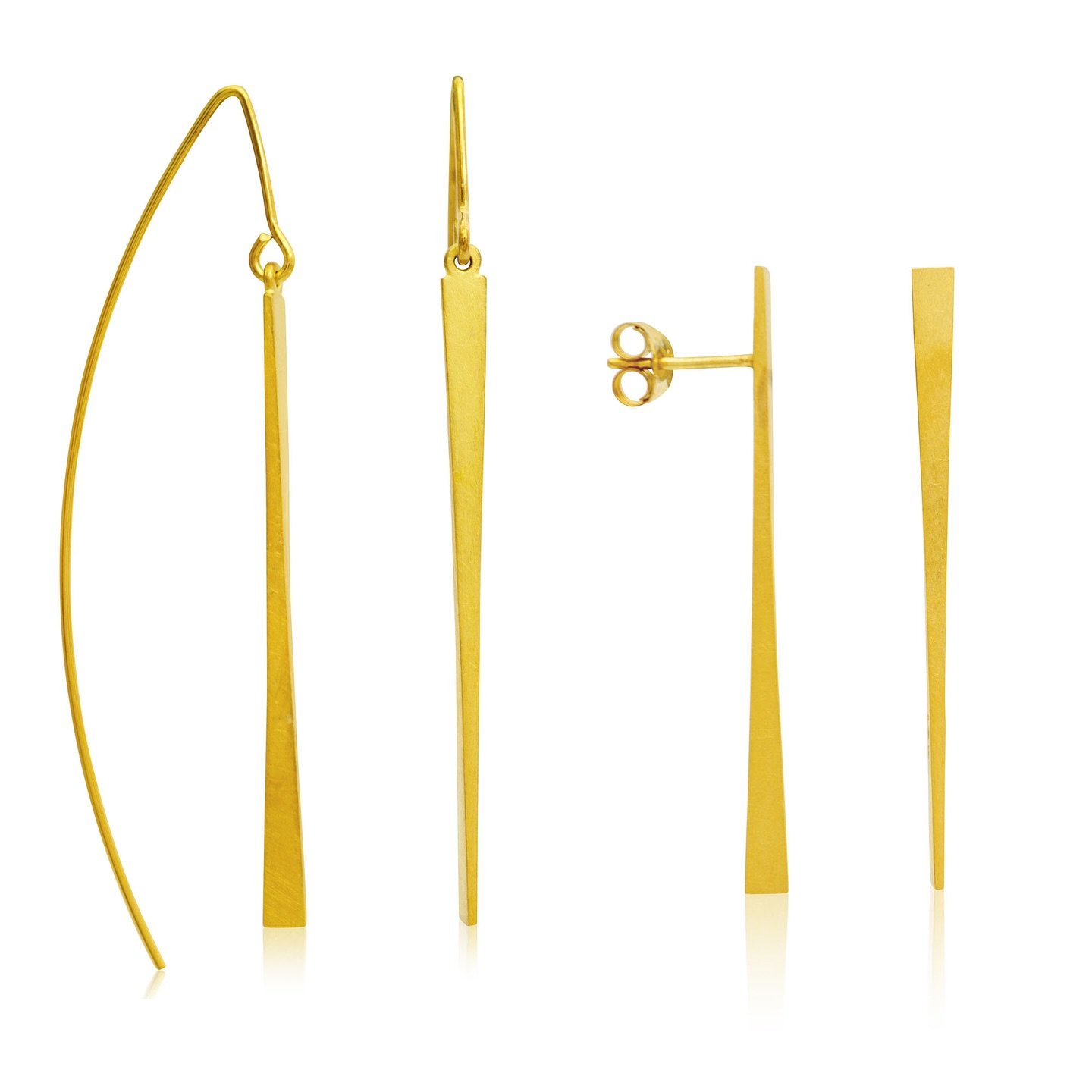 Golden glow times two ✨ Two pairs of 22 carat yellow gold plated silver tapered earrings &ndash; sleek studs and elegant drops, ready to shine with anything. Which one&rsquo;s your style? #GoldJewellery #22CaratMagic #StudsOrDrops #HandmadeJewellery