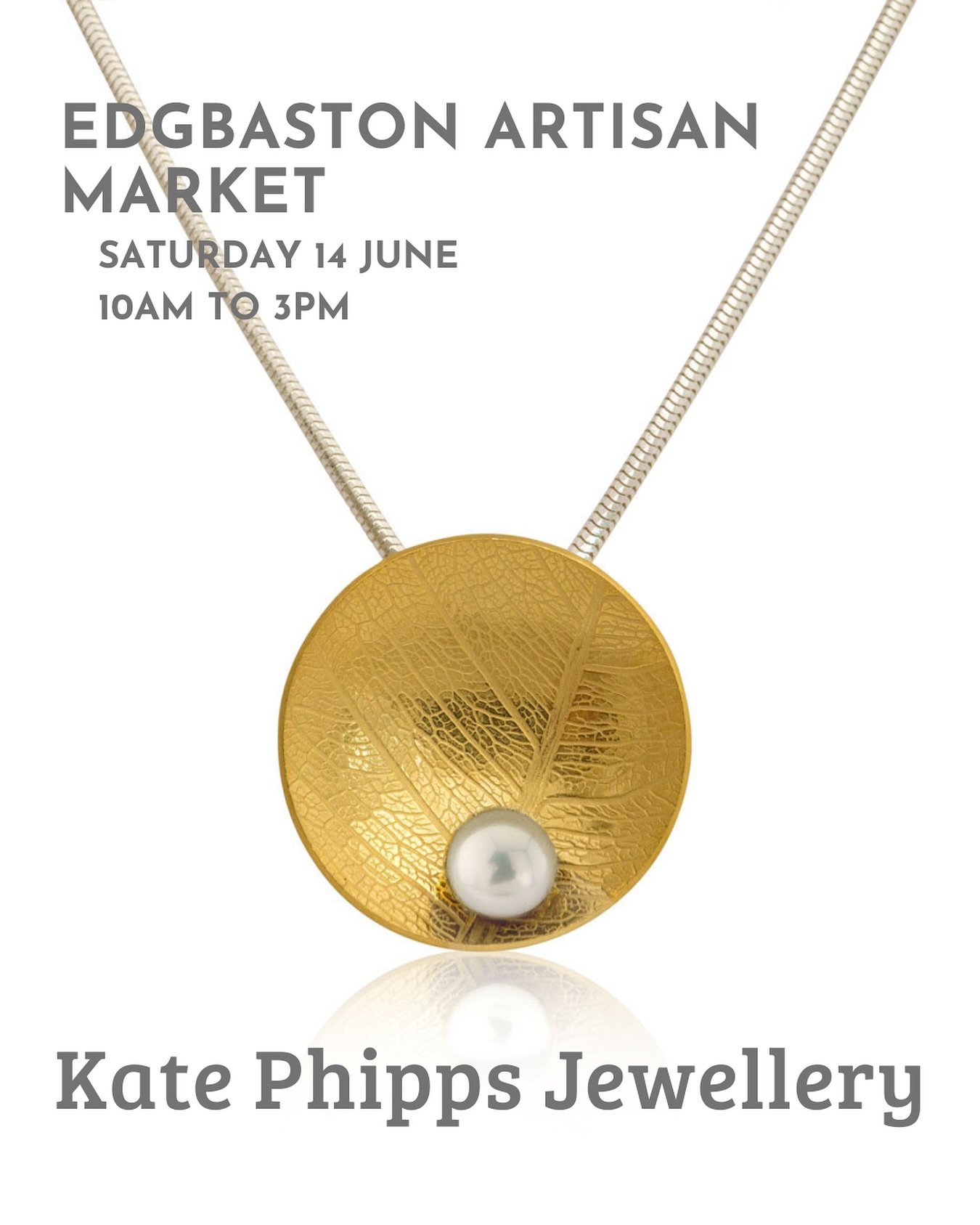I&rsquo;m looking forward to being back at Edgbaston Artisan Market this Saturday with my handmade jewellery.

This gold plated, leaf skeleton textured pendant is one of the pieces I&rsquo;ll have with me &ndash; it&rsquo;s domed to catch the light, 