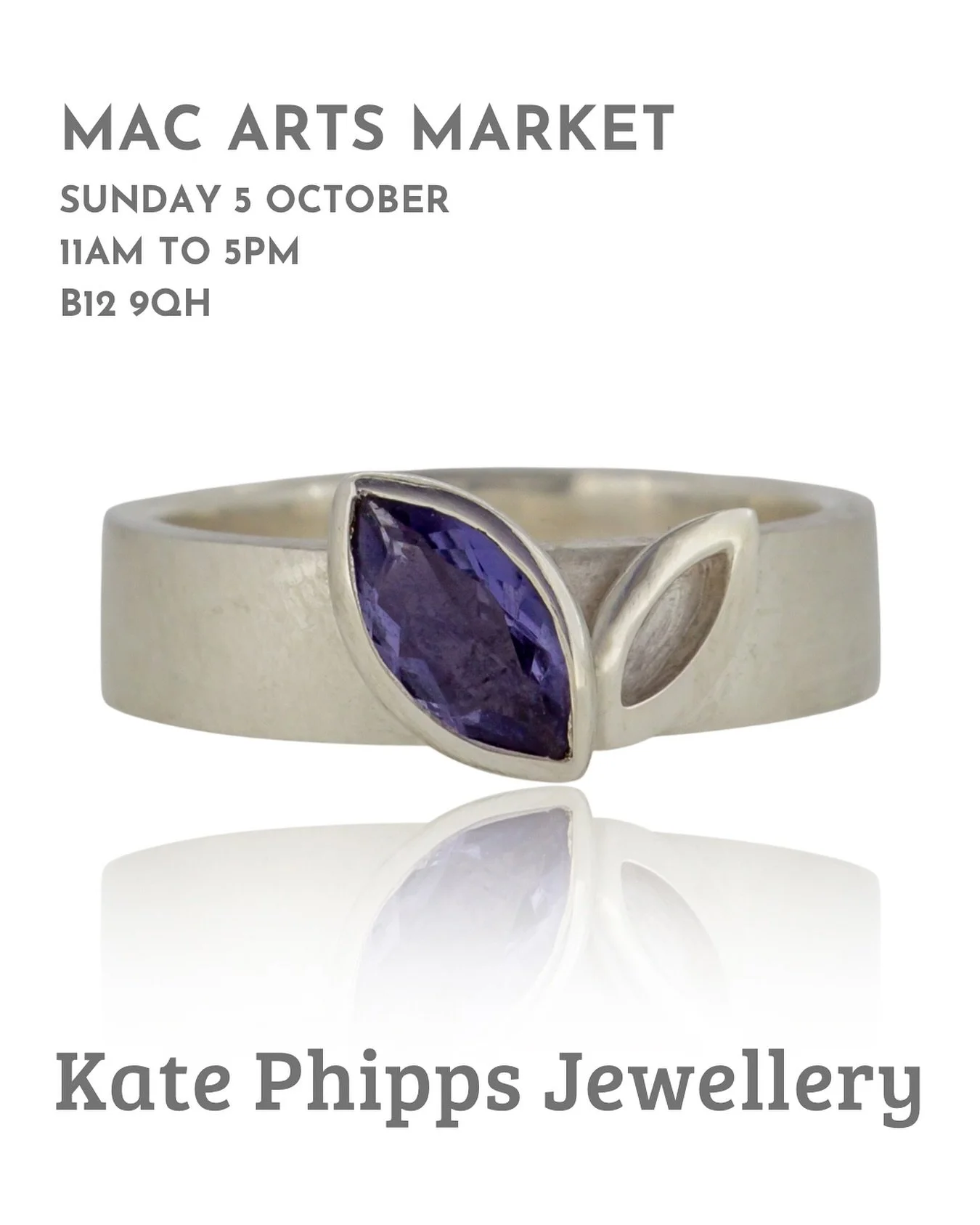 I’ll be at mac Birmingham Arts Market this Sunday with my jewellery! ✨
Here’s a peek at my Facet Line ring set with a marquise iolite – one of the pieces I’ll have with me.
Come along if you can, it’s always such a love