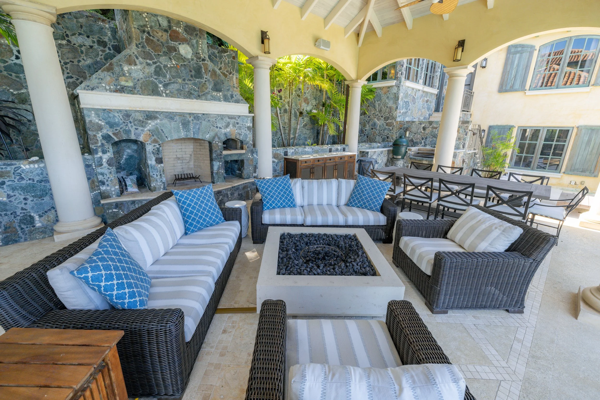 Covered outdoor lounge space