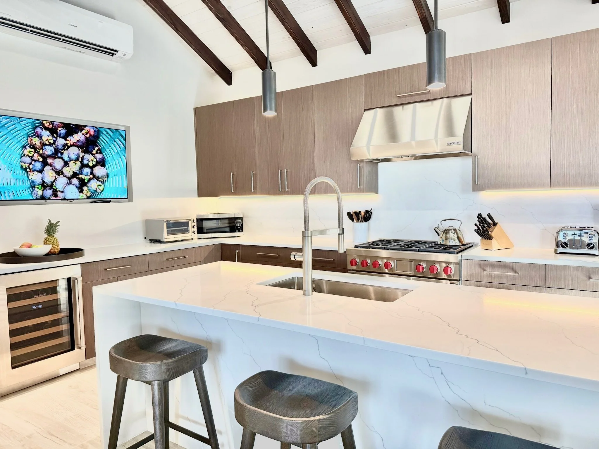 Chefs kitchen with barstools