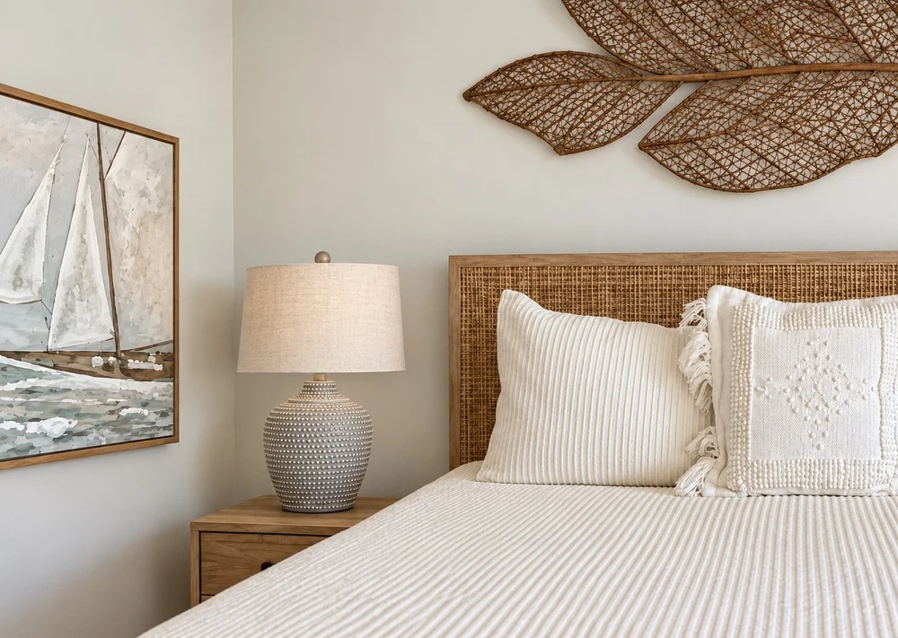 Island bedroom with woven headboard, sculptural wall art and sailboat painting