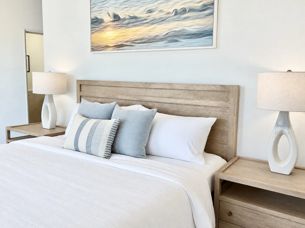 Crisp blue and white bedding beneath ocean artwork