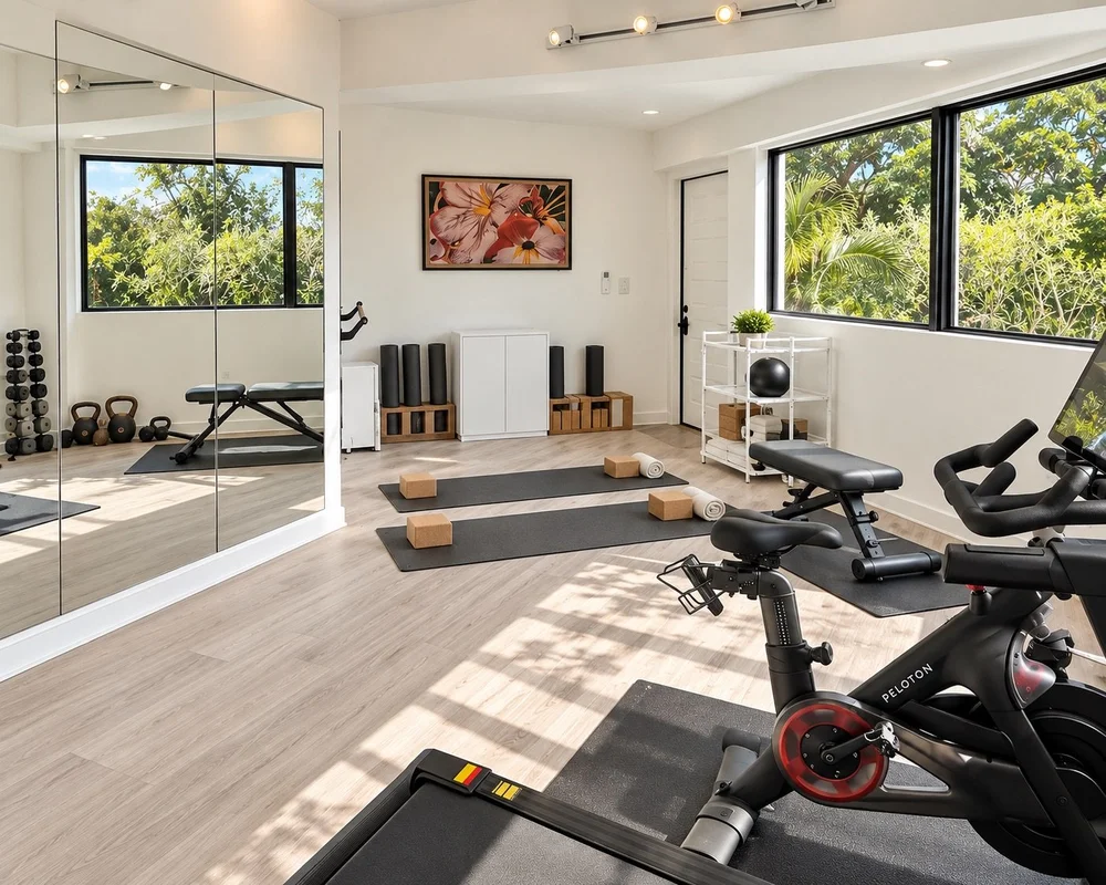 Bright villa fitness room organized for movement and ease