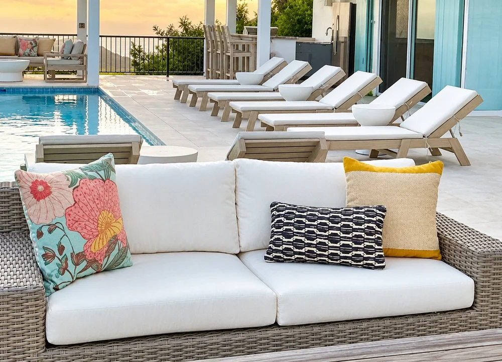 Pool terrace seating styled with colorful outdoor pillows