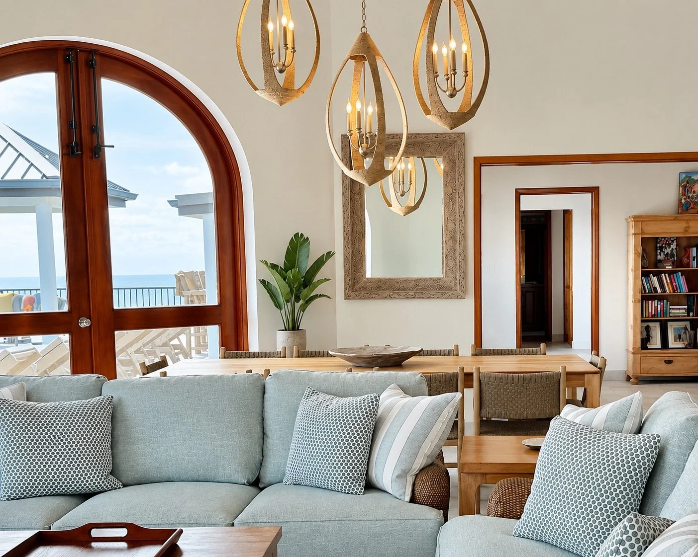 Finished living and dining room with ocean views, blue upholstery and sculptural lighting
