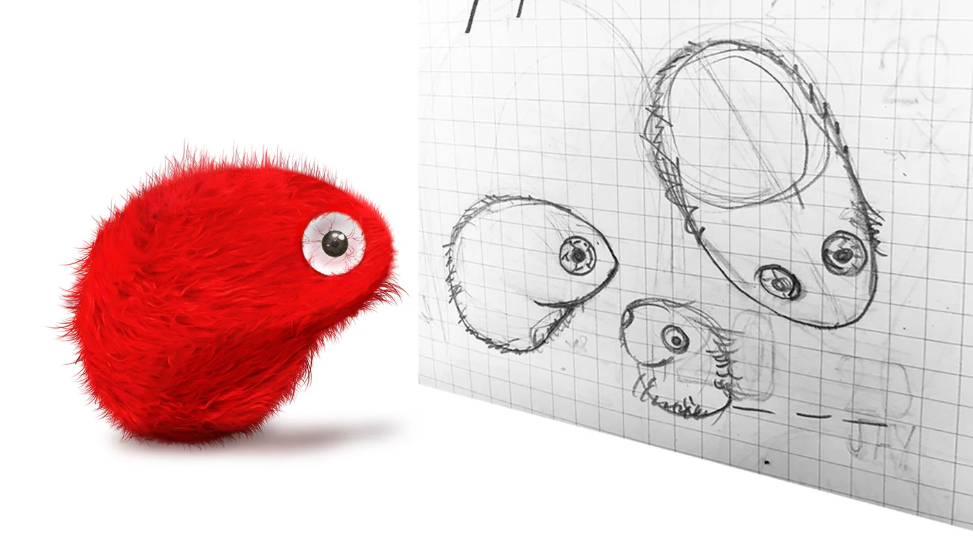 Rabies virus character. I designed this little fellow for fun. During the discovery process I looked at multiple images of the Rabies virus. To me it looks like a hairy bullet. So I tried making a character out of it in photoshop, one that we could use in other design pieces. It was never used, but I like him. :)