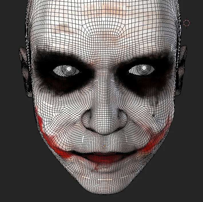 The Joker with wireframes. The topology is not perfect, but he's not going to be animated, so it's no biggie ;)