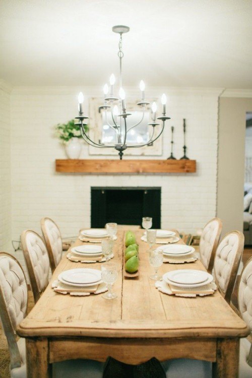 The Magnolia look: this is a great long farm table and Joanna paired with some elegant plush chairs. Photo from: Magnolia Market