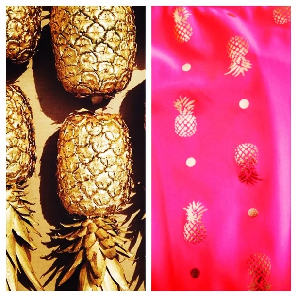Lovin this side by side I created of this fabulous gold foil pineapple bathing suit and the actual pineapple's that were spray painted gold! 
