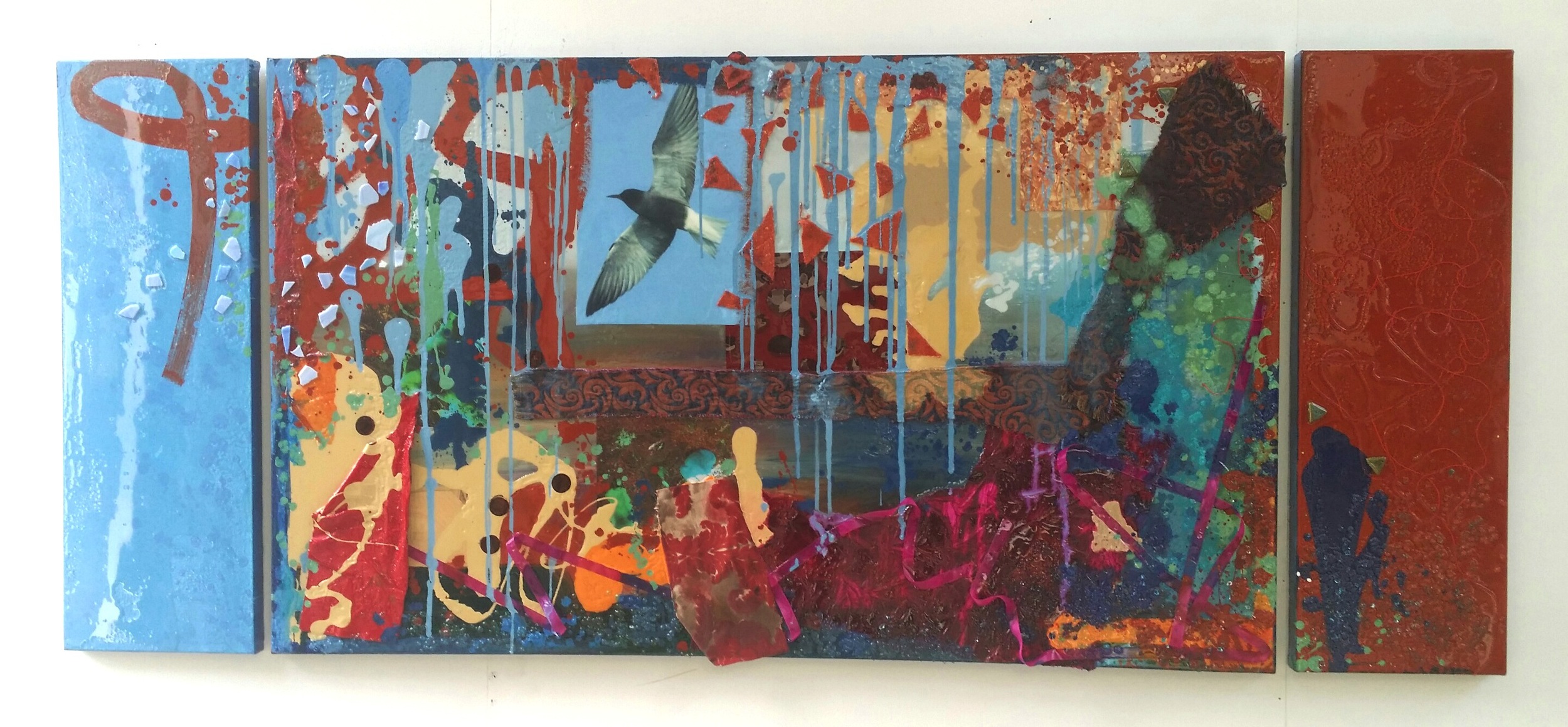Jealous Sky , triptych 86"w x36"h x2.5"d, resin coated mixed media on canvas