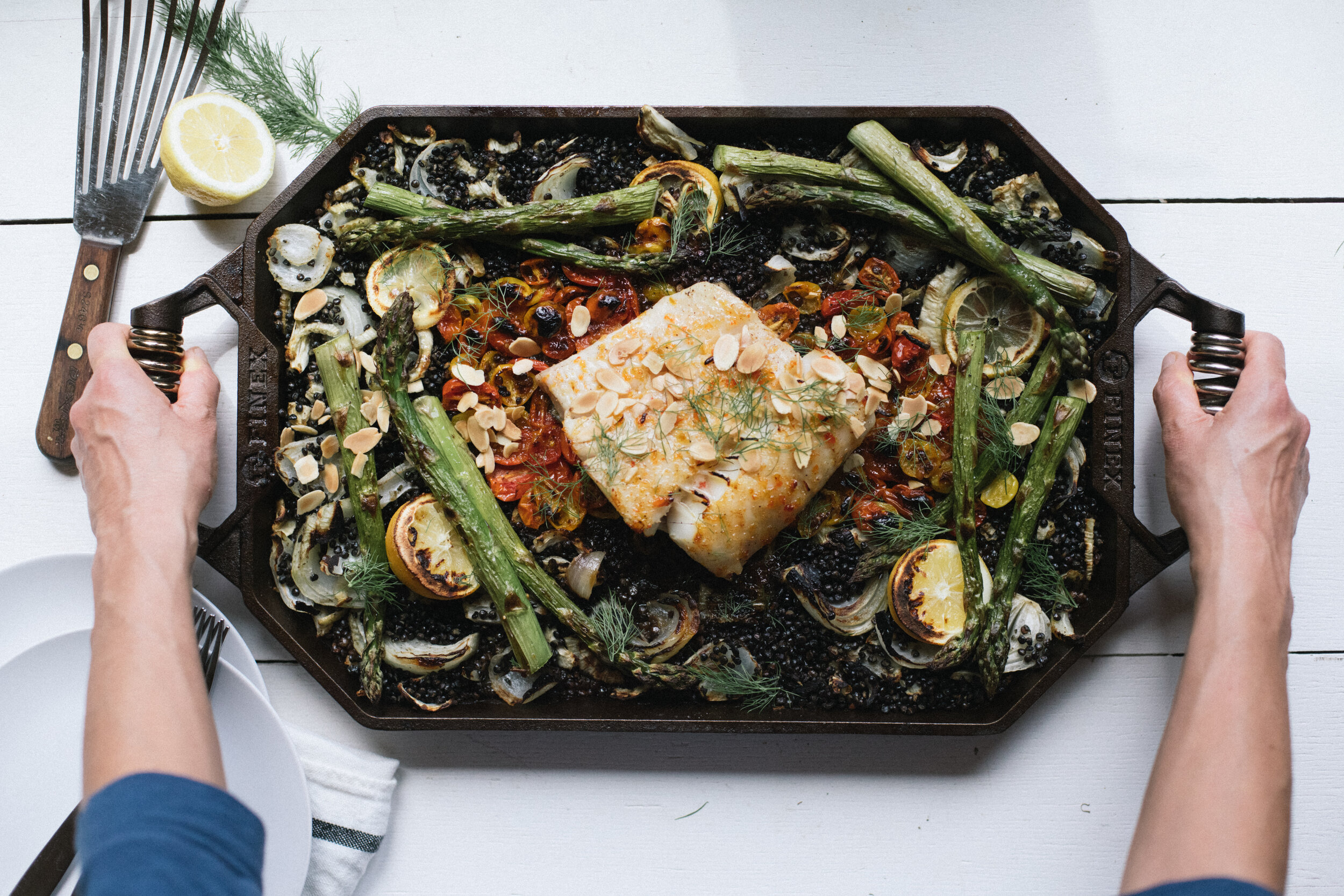 Pepper Jelly Halibut with Crispy Beluga Lentils, Asparagus and Tomatoes for Finex