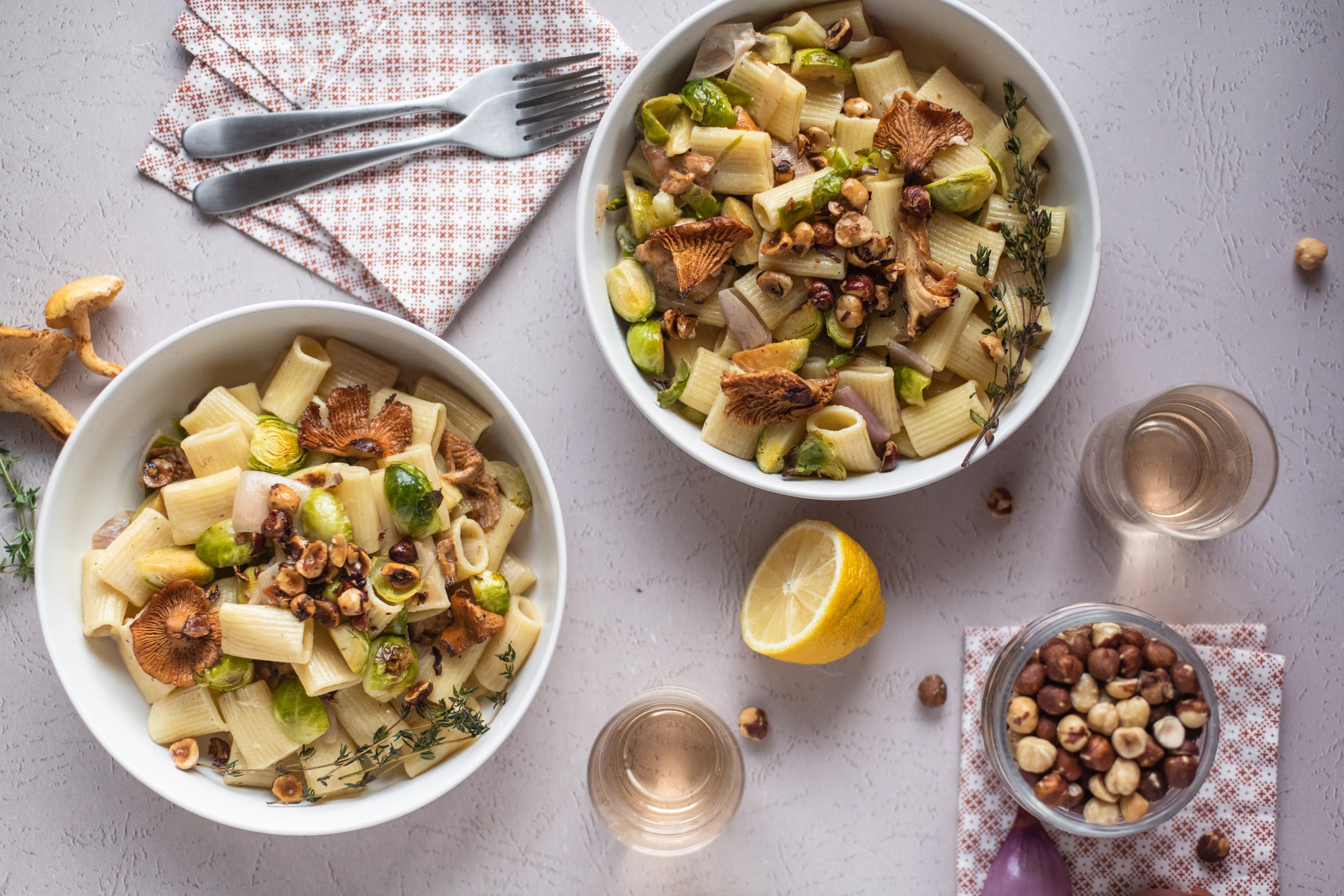 Rigatoni with Roasted Chanterelle Mushrooms, Brussel Sprouts + Brown Butter Hazelnuts for Oregon Orchard