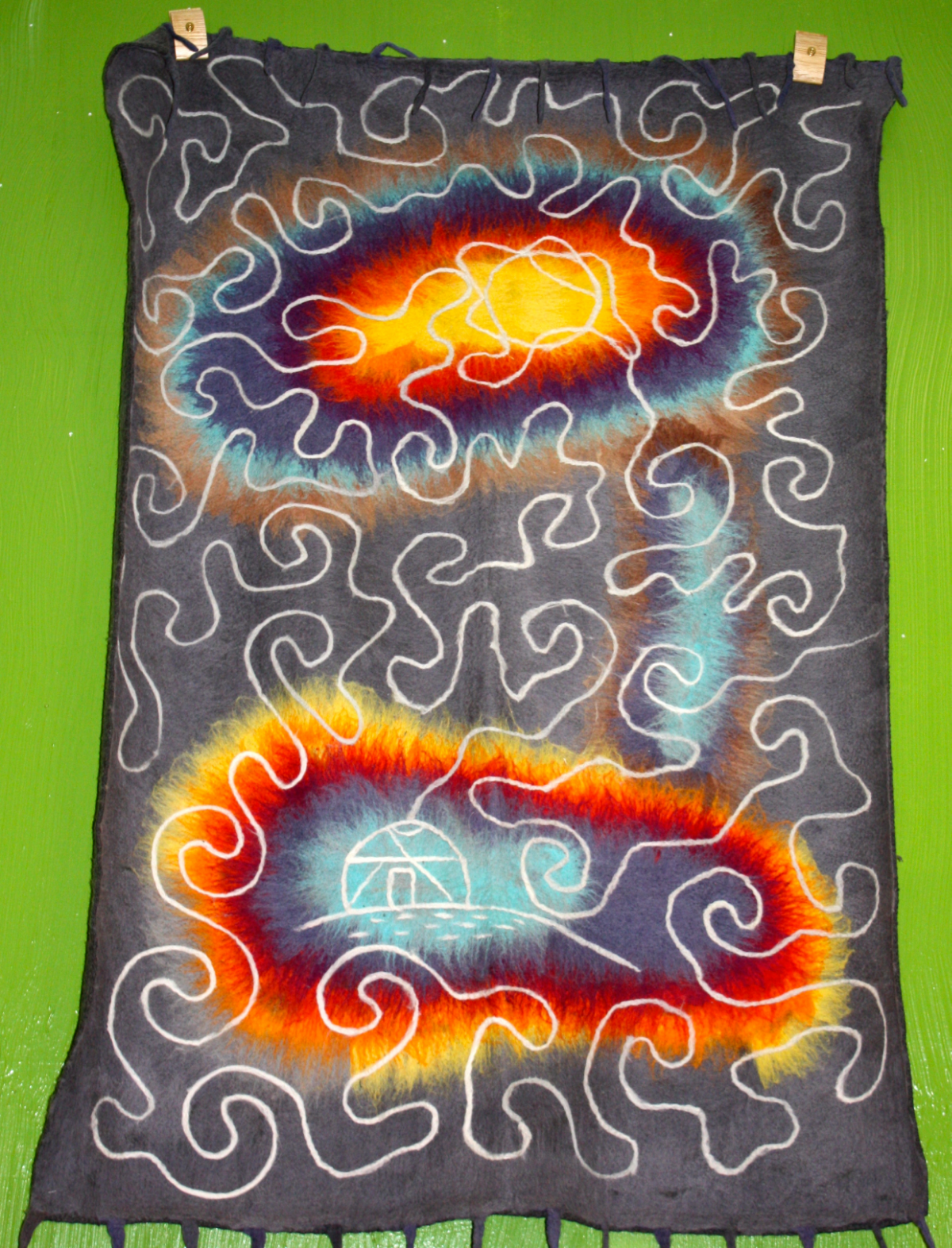 Sun and Yurt shows the vital connection between the sun and the people of the earth. The Yurt, the symbolic heart of the Kyrgyz, is inextricably ties to the sun through a series of undefined connections. While not typically practiced in daily life, these beliefs are still at the core of the Kyrgyz people.
