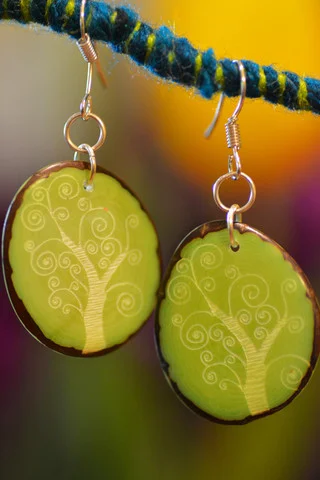 Tree of life carved tagua earrings made in Colombia by Sapia