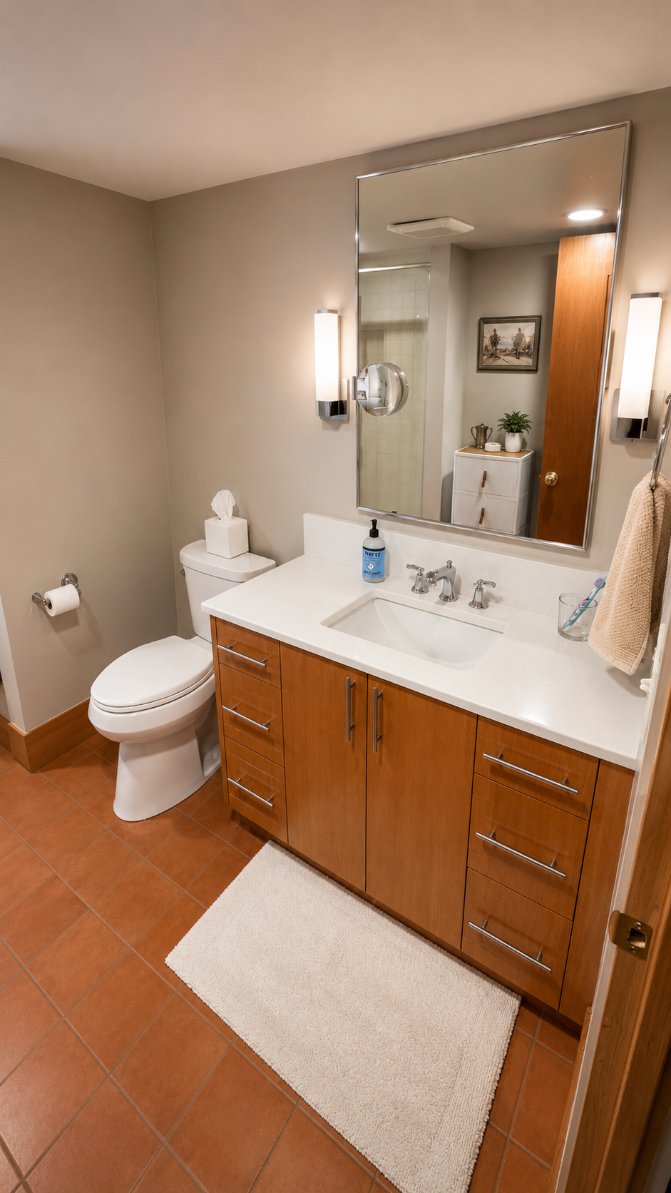 Custom bathroom vanity with quartz countertop in a basement ADU conversion.