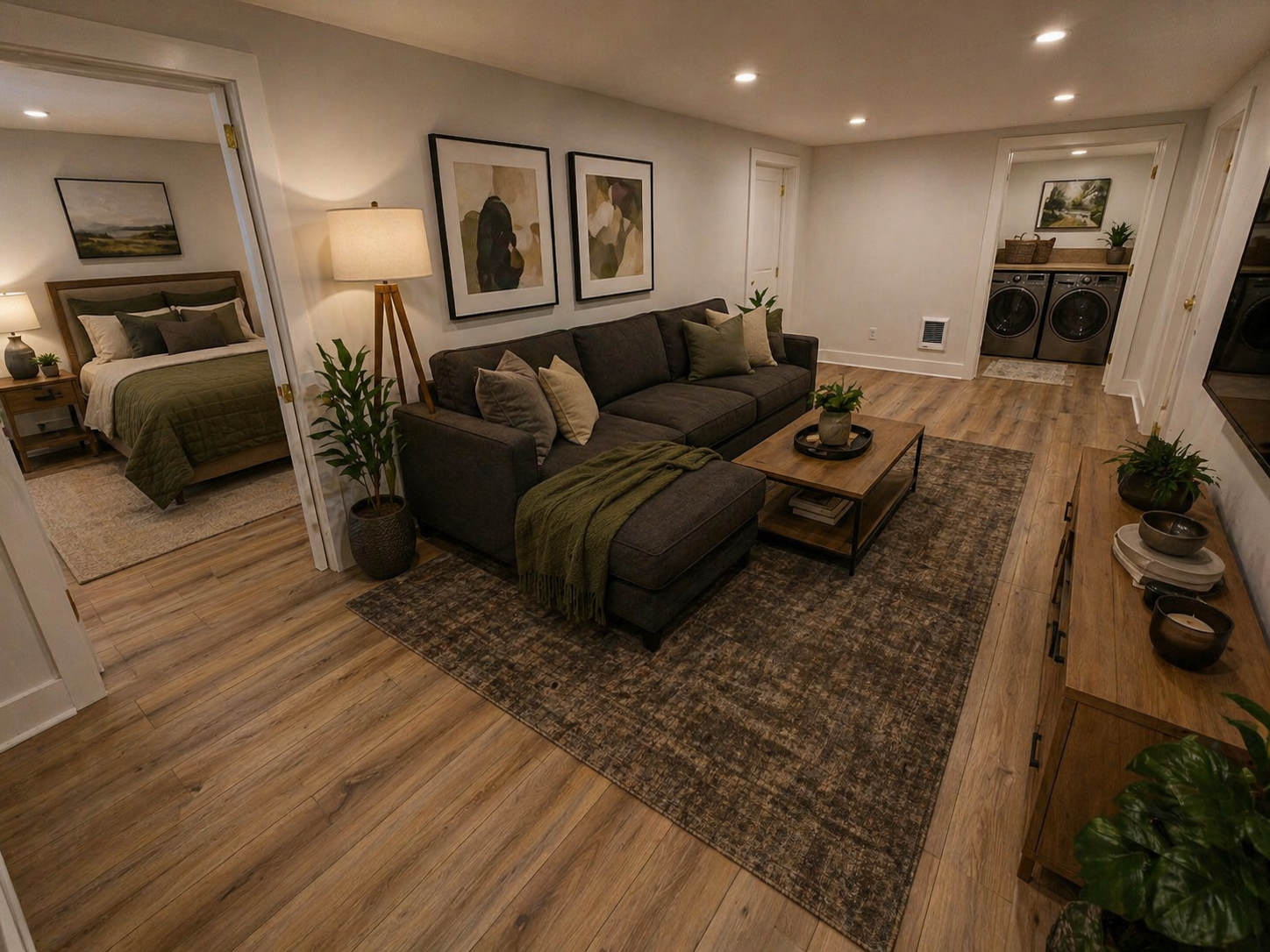 Finished basement family room and bedroom remodel in Southeast Portland with luxury vinyl flooring and recessed lighting