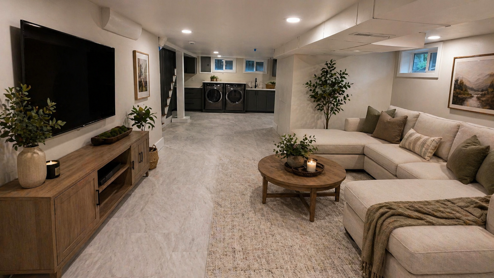 Basement living room with a beige sectional sofa, wooden coffee table with candle and plant, large wall-mounted TV, and a laundry area with washer and dryer in the background.