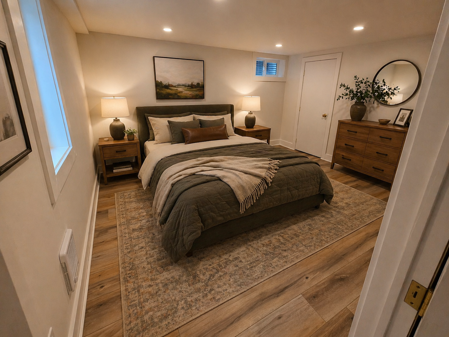 Basement bedroom addition with egress window and luxury vinyl flooring in Portland home