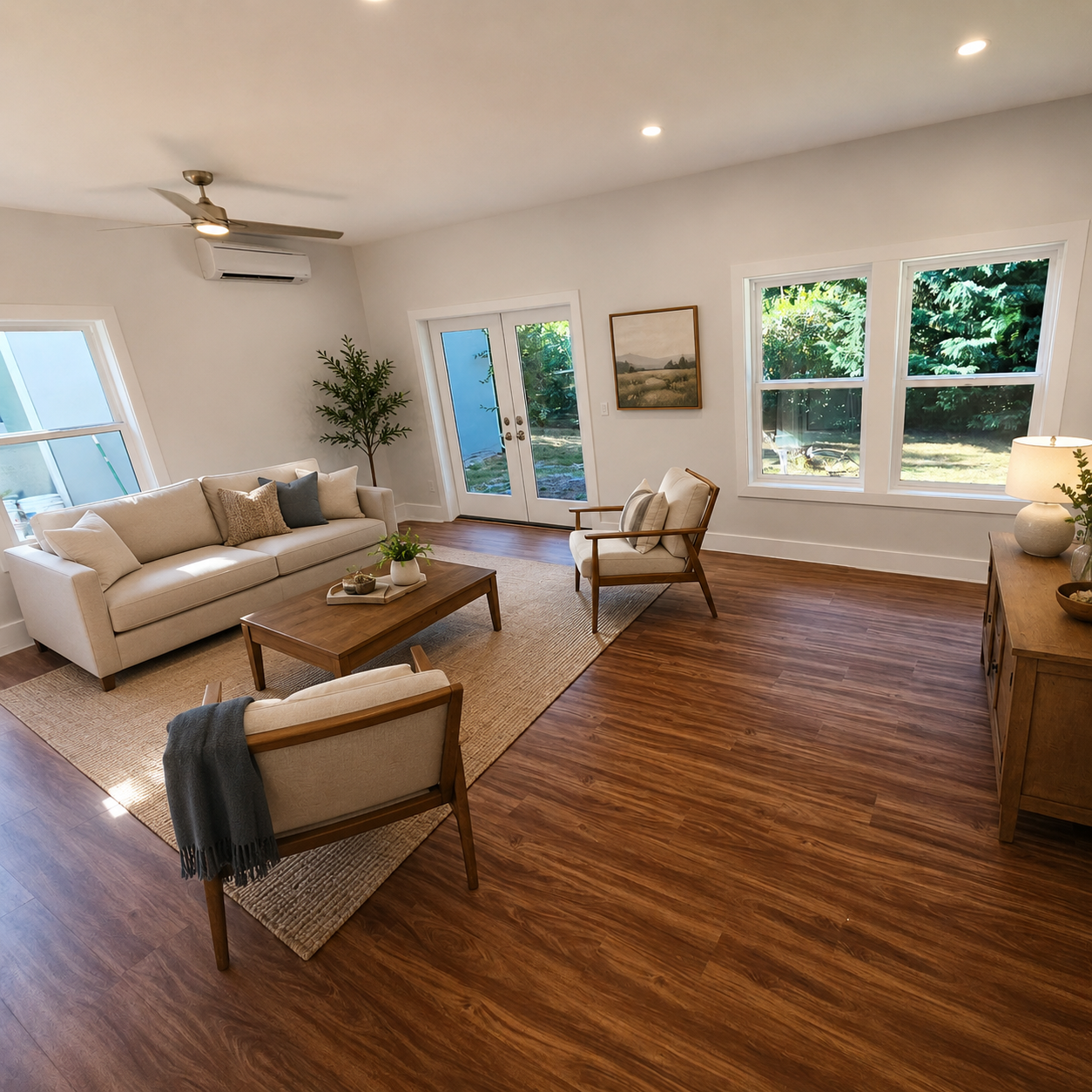 Open concept living room inside a custom detached ADU built in Southwest Portland.