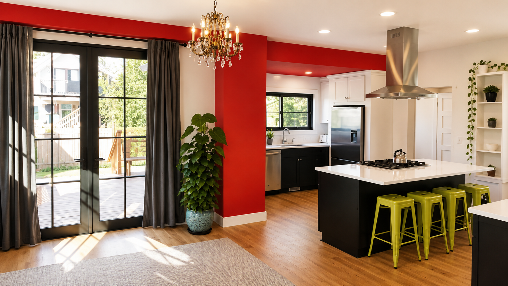Open concept kitchen remodel in Portland Oregon featuring custom island, quartz countertops, hardwood flooring, and structural beam installation.