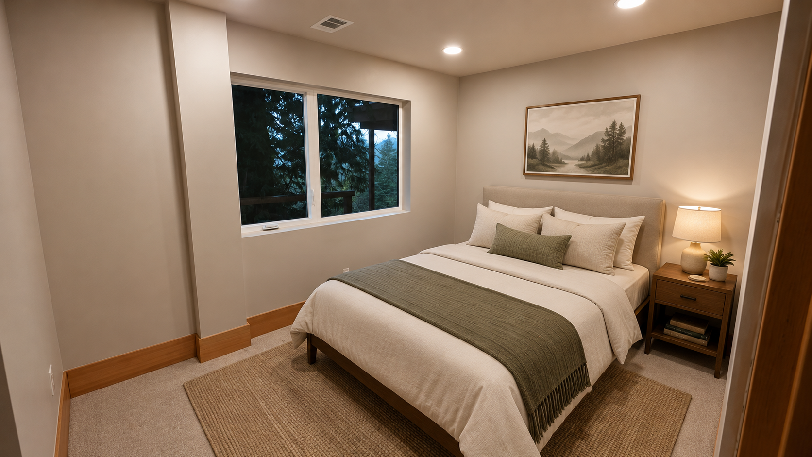 Guest bedroom with modern finishes in a custom basement ADU in Milwaukie, Oregon.