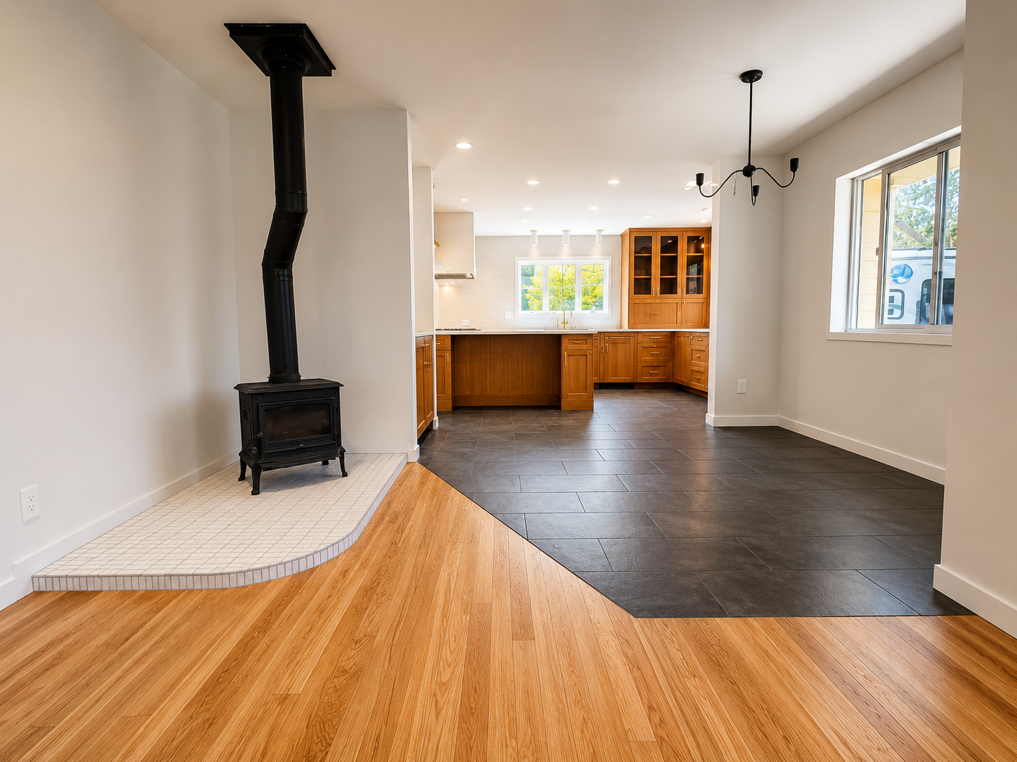 Modern living room renovation with wood flooring and custom fireplace in Southeast Portland