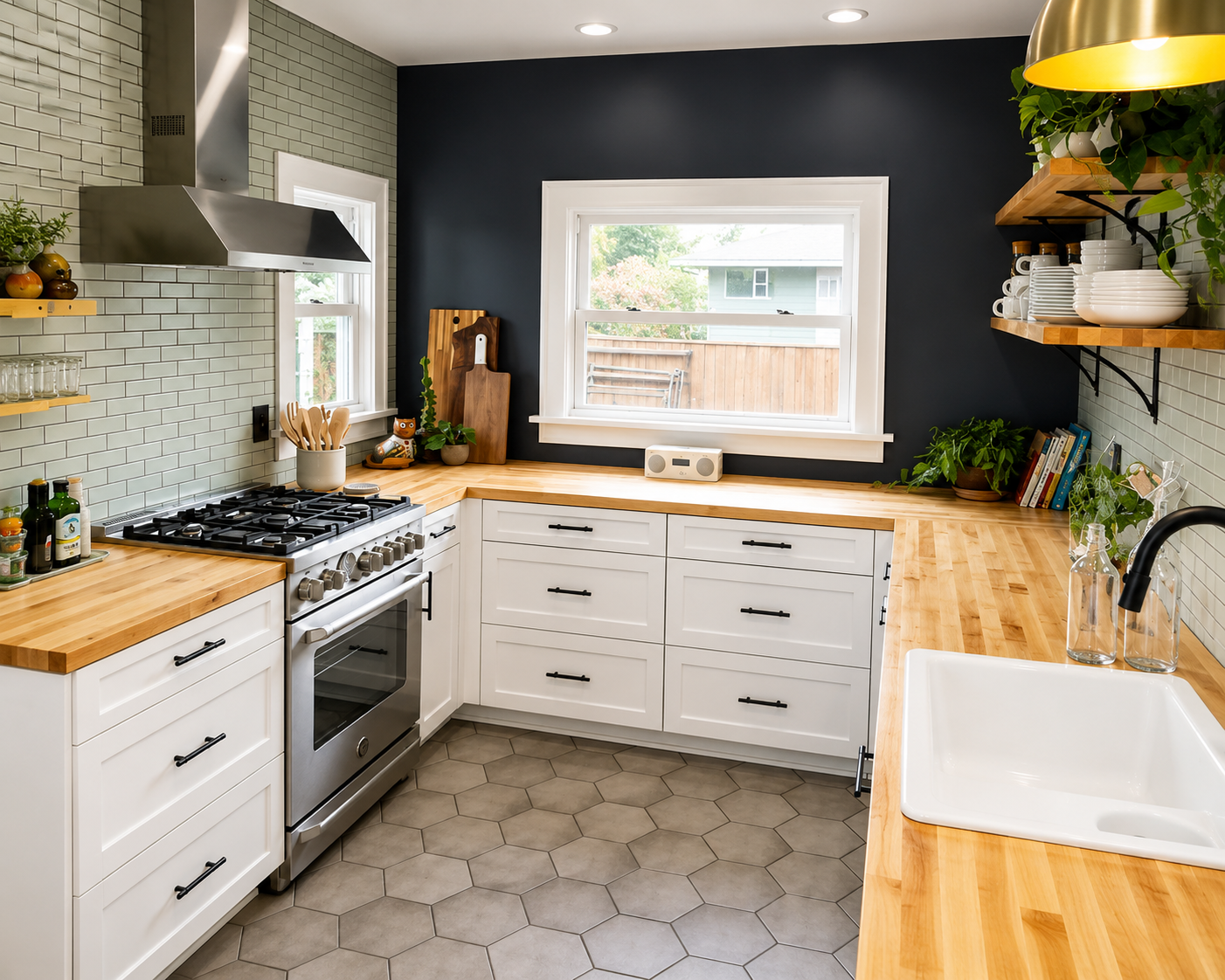 Bright kitchen remodel with new windows, butcher block countertops, painted cabinetry, tile flooring, and custom backsplash in Portland Oregon.