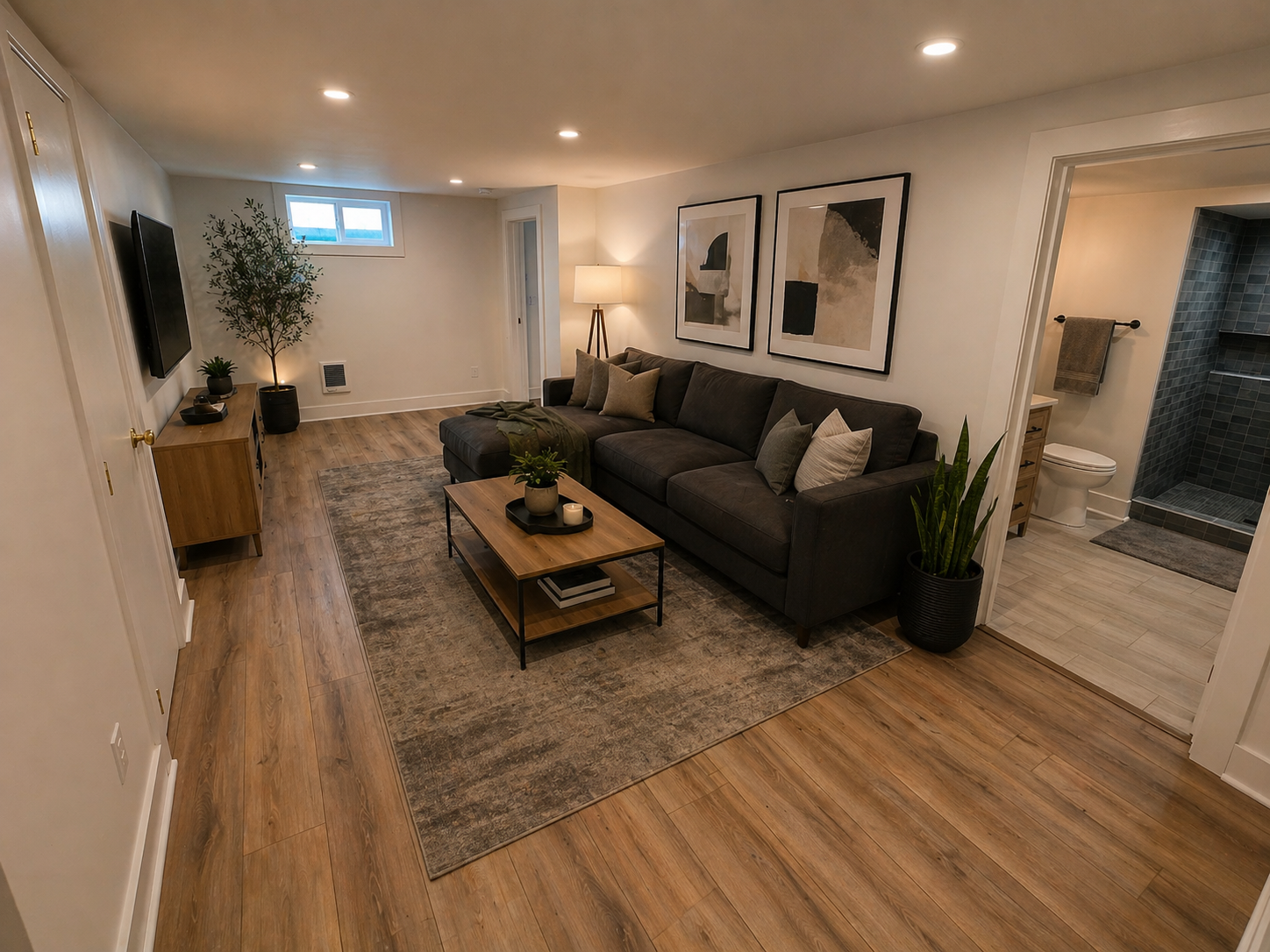 Portland basement renovation featuring family room, custom bathroom, and modern finishes