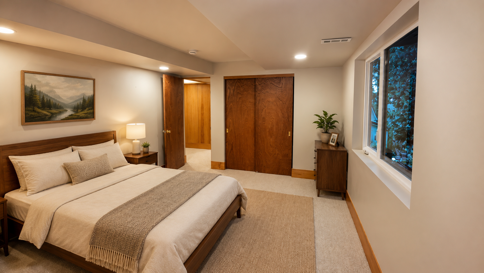 Guest bedroom with modern finishes in a custom basement ADU in Milwaukie, Oregon.