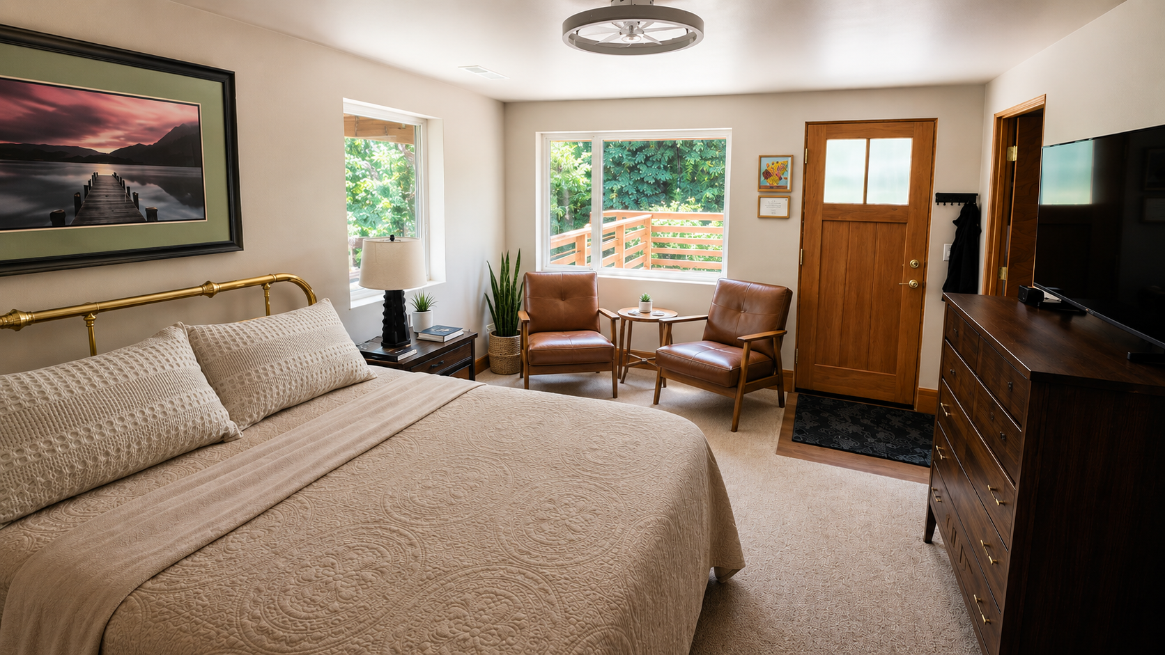 Spacious bedroom in a custom basement ADU conversion in Milwaukie, Oregon.